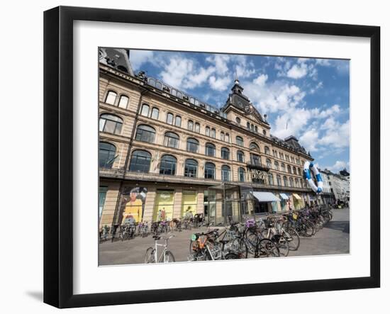 Bicycles parked in front of the Magasin du Nord department store, Copenhagen, Denmark, Scandinavia-Jean Brooks-Framed Photographic Print