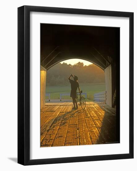 Bicyclist at Covered Bridge, Iowa, USA-Chuck Haney-Framed Photographic Print