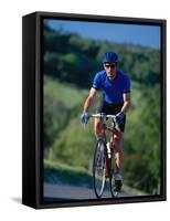 Bicyclist on Road, Napa Valley, CA-Robert Houser-Framed Stretched Canvas
