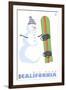 Big Bear, California, Snowman with Snowboard-Lantern Press-Framed Art Print