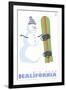 Big Bear, California, Snowman with Snowboard-Lantern Press-Framed Art Print