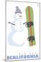 Big Bear, California, Snowman with Snowboard-Lantern Press-Mounted Art Print