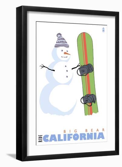 Big Bear, California, Snowman with Snowboard-Lantern Press-Framed Art Print