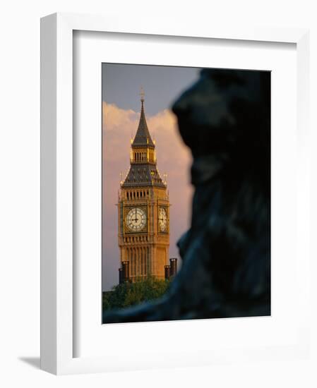 Big Ben and Lion Statue on Trafalgar Square, London, England-Lee Frost-Framed Photographic Print