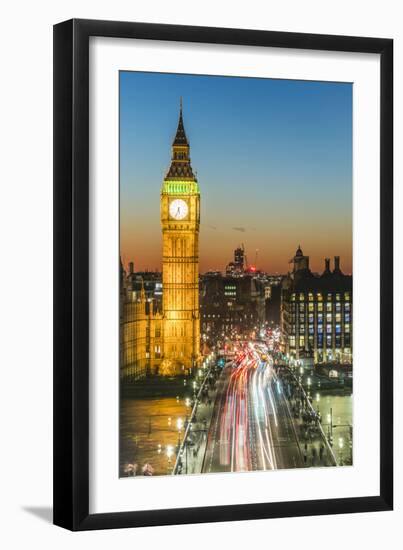 Big Ben (the Elizabeth Tower) and busy traffic on Westminster Bridge at dusk, London, England, Unit-Fraser Hall-Framed Photographic Print