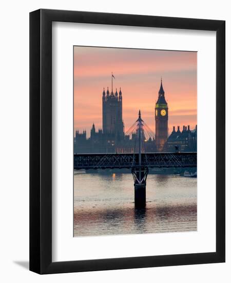 Big Ben with Hungerford Bridge at Sunset, London, England, United Kingdom, Europe-Charles Bowman-Framed Premium Photographic Print
