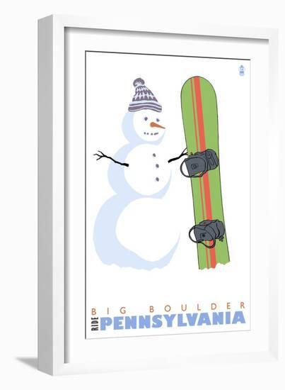 Big Boulder, Pennsylvania, Snowman with Snowboard-Lantern Press-Framed Art Print