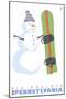 Big Boulder, Pennsylvania, Snowman with Snowboard-Lantern Press-Mounted Art Print