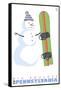 Big Boulder, Pennsylvania, Snowman with Snowboard-Lantern Press-Framed Stretched Canvas