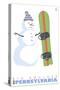 Big Boulder, Pennsylvania, Snowman with Snowboard-Lantern Press-Stretched Canvas