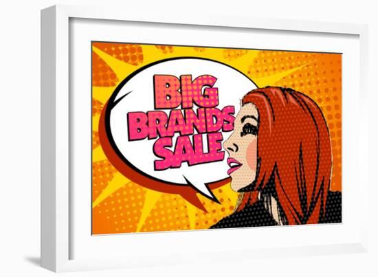 Big Brands Sale Design with Speaking Girl and Bubble Talk in Pop-Art Style-Selenka-Framed Art Print