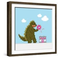 Big Dinosaur Attacking Donut Cafe Cartoon Vector Illustration-dmitriylo-Framed Art Print