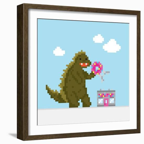 Big Dinosaur Attacking Donut Cafe Cartoon Vector Illustration-dmitriylo-Framed Art Print