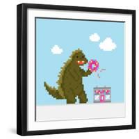 Big Dinosaur Attacking Donut Cafe Cartoon Vector Illustration-dmitriylo-Framed Art Print