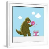 Big Dinosaur Attacking Donut Cafe Cartoon Vector Illustration-dmitriylo-Framed Art Print