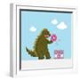 Big Dinosaur Attacking Donut Cafe Cartoon Vector Illustration-dmitriylo-Framed Art Print