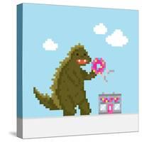 Big Dinosaur Attacking Donut Cafe Cartoon Vector Illustration-dmitriylo-Stretched Canvas