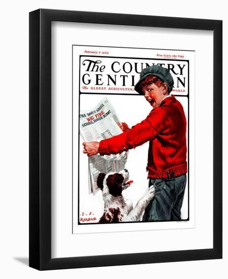 "Big Fire, Schoolhouse Burnt," Country Gentleman Cover, February 7, 1925-J.F. Kernan-Framed Giclee Print