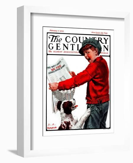 "Big Fire, Schoolhouse Burnt," Country Gentleman Cover, February 7, 1925-J.F. Kernan-Framed Giclee Print