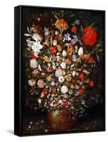 Big Flower Bouquet in a Wooden Vessel-Jan Brueghel the Elder-Framed Stretched Canvas