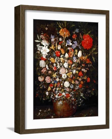 Big Flower Bouquet in a Wooden Vessel-Jan Brueghel the Elder-Framed Premium Giclee Print