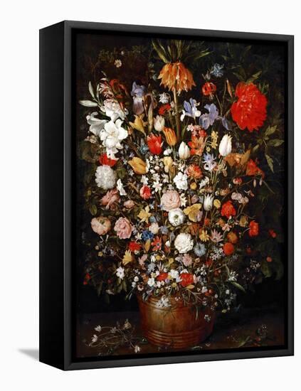 Big Flower Bouquet in a Wooden Vessel-Jan Brueghel the Elder-Framed Stretched Canvas