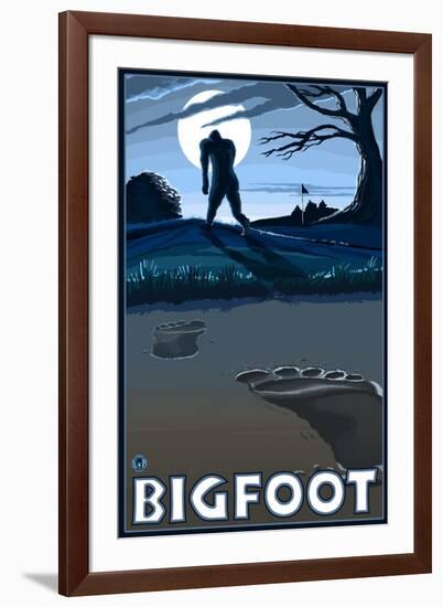 Big Foot walking through Golf Course-Lantern Press-Framed Art Print