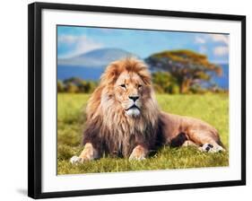 Big Lion Lying on Savannah Grass. Landscape with Characteristic Trees on the Plain and Hills in The-Michal Bednarek-Framed Premium Photographic Print