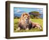 Big Lion Lying on Savannah Grass. Landscape with Characteristic Trees on the Plain and Hills in The-Michal Bednarek-Framed Photographic Print