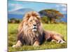 Big Lion Lying on Savannah Grass. Landscape with Characteristic Trees on the Plain and Hills in The-Michal Bednarek-Mounted Photographic Print