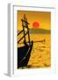 Big red setting sun beyond fishing boat moored off beach south of the city, Otres Beach, Cambodia-Robert Francis-Framed Photographic Print