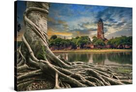 Big Root of Banyan Tree Land Scape of Ancient and Old Pagoda in History Temple of Ayuthaya World He-khunaspix-Stretched Canvas