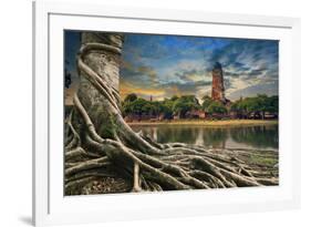 Big Root of Banyan Tree Land Scape of Ancient and Old Pagoda in History Temple of Ayuthaya World He-khunaspix-Framed Photographic Print