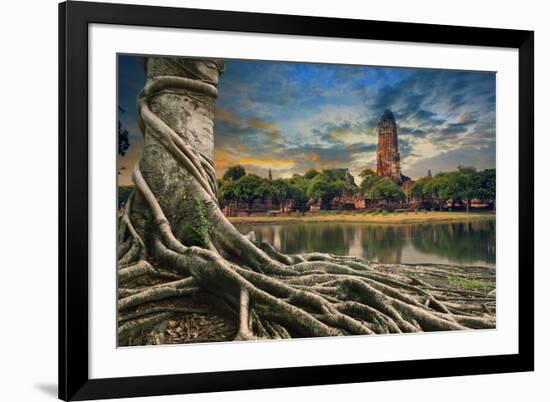 Big Root of Banyan Tree Land Scape of Ancient and Old Pagoda in History Temple of Ayuthaya World He-khunaspix-Framed Photographic Print