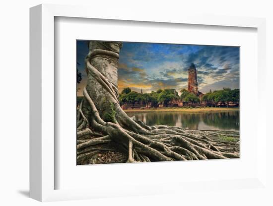 Big Root of Banyan Tree Land Scape of Ancient and Old Pagoda in History Temple of Ayuthaya World He-khunaspix-Framed Photographic Print