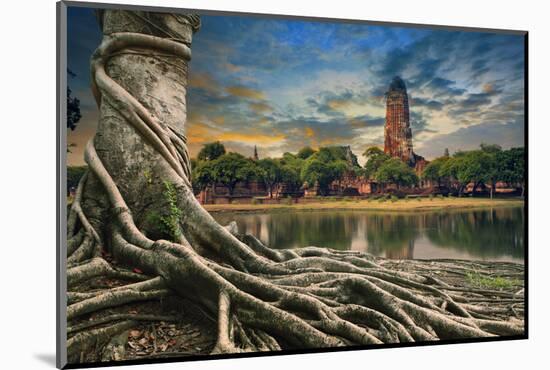 Big Root of Banyan Tree Land Scape of Ancient and Old Pagoda in History Temple of Ayuthaya World He-khunaspix-Mounted Photographic Print