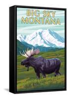 Big Sky, Montana - Moose and Mountain-Lantern Press-Framed Stretched Canvas