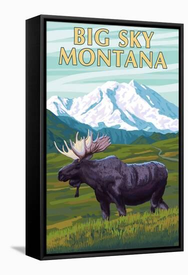 Big Sky, Montana - Moose and Mountain-Lantern Press-Framed Stretched Canvas