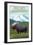 Big Sky, Montana - Moose and Mountain-Lantern Press-Framed Art Print