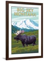 Big Sky, Montana - Moose and Mountain-Lantern Press-Framed Art Print