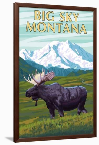 Big Sky, Montana - Moose and Mountain-Lantern Press-Framed Art Print