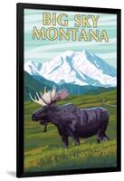 Big Sky, Montana - Moose and Mountain-Lantern Press-Framed Art Print