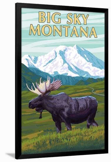 Big Sky, Montana - Moose and Mountain-Lantern Press-Framed Art Print