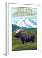 Big Sky, Montana - Moose and Mountain-Lantern Press-Framed Art Print