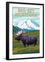 Big Sky, Montana - Moose and Mountain-Lantern Press-Framed Art Print