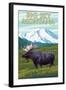 Big Sky, Montana - Moose and Mountain-Lantern Press-Framed Art Print