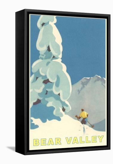 Big Snowy Pine Tree and Skier, Bear Valley-null-Framed Stretched Canvas