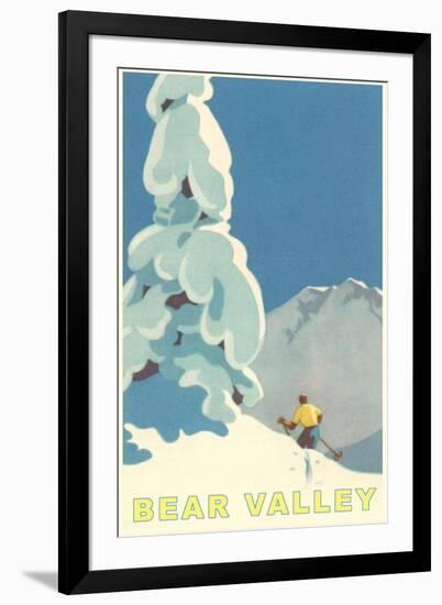 Big Snowy Pine Tree and Skier, Bear Valley-null-Framed Art Print