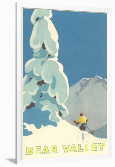 Big Snowy Pine Tree and Skier, Bear Valley-null-Framed Art Print