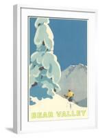 Big Snowy Pine Tree and Skier, Bear Valley-null-Framed Art Print